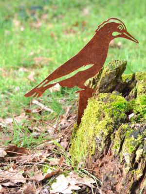 Silhouette en métal rouillé représentant un pic vert sur pic à planter, idéale pour décorer un jardin avec une touche naturelle et authentique.