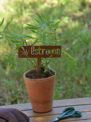 Etiquette aromatique Estragon en métal rouillé à planter au potager