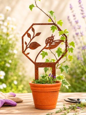 Treillage coccinelle en métal rouille pour plante grimpante dans un pot