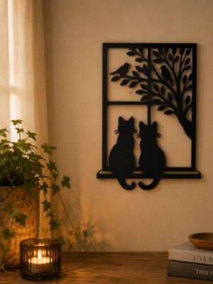 Fenêtre avec deux chats en métal noir à suspendre décoration murale intérieure