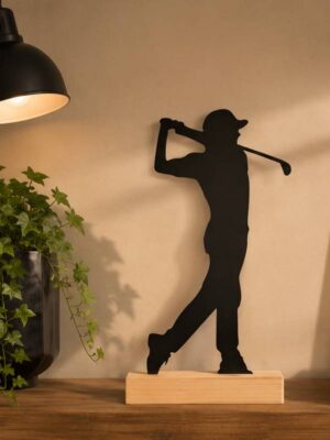 Silhouette de golfeur en métal peint noir sur socle en bois, décoration artisanale fabriquée en France