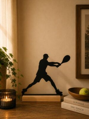 oueur de tennis en métal noir sur socle en bois décoration intérieure